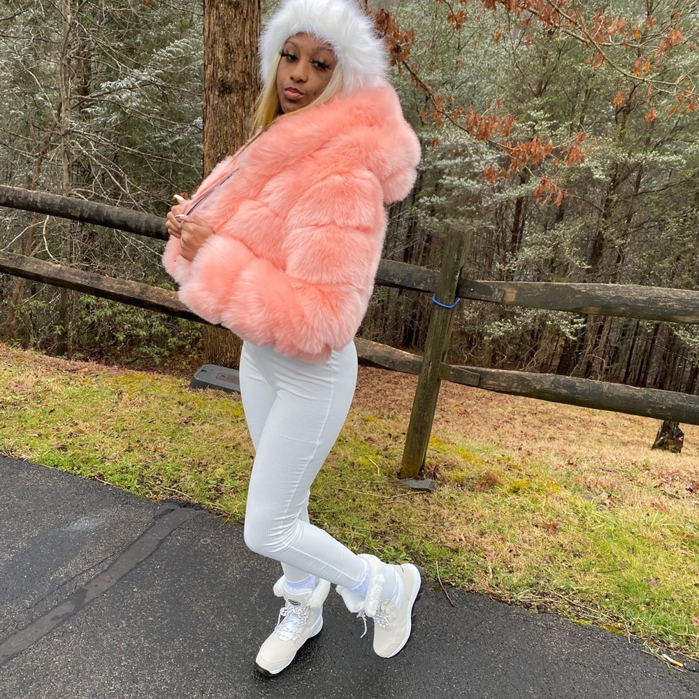 Pink faux fur coat